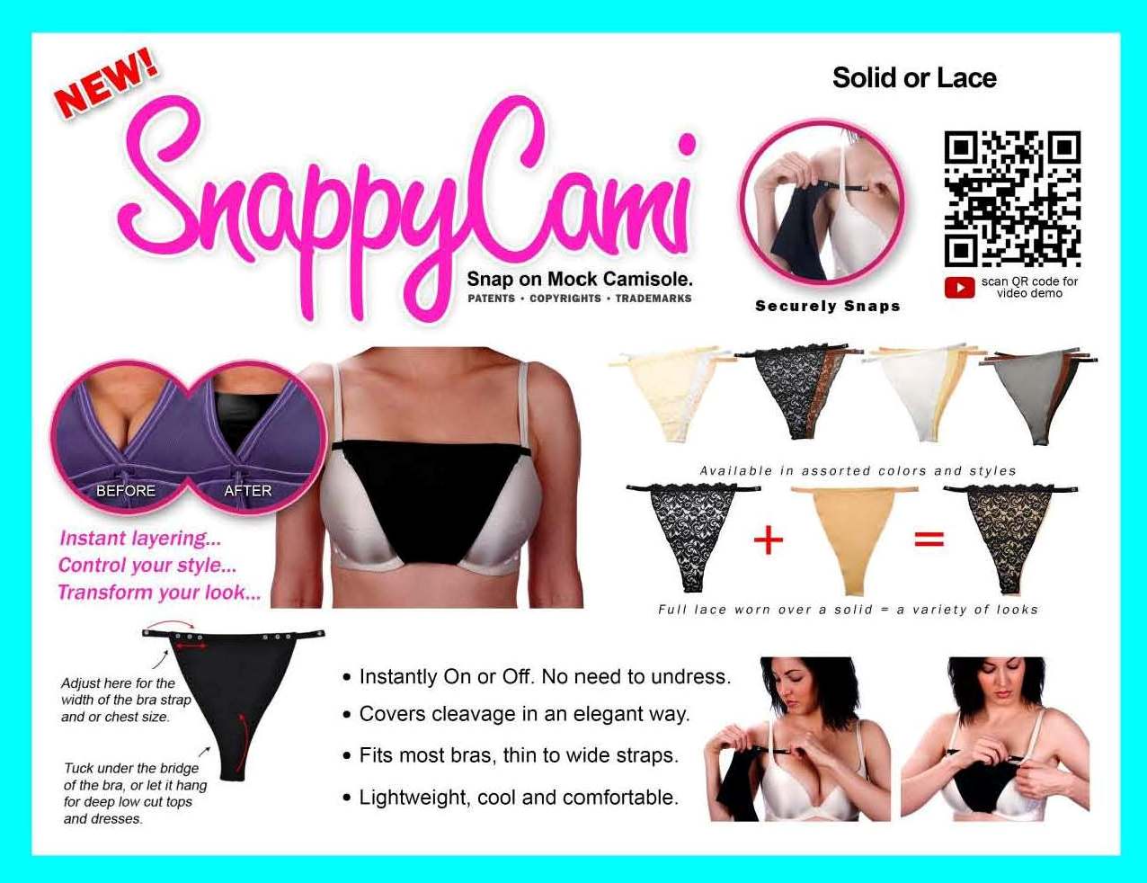Mock Clip-on Camisole Snappy Cami Secret Modesty Panels Bra Set of 6 Black White